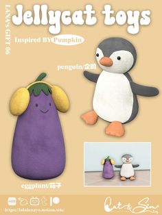 an advertisement for jellycat toys featuring two stuffed animals, one penguin and the other eggplant