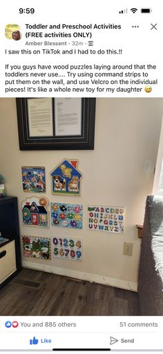 a wall with pictures and stickers on it