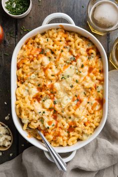 a casserole dish filled with macaroni and cheese