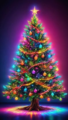 a brightly lit christmas tree in front of a purple background