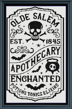 Stitching Jules Design Cross Stitch Pattern Vintage Apothecary Shop Sign Medium Monochrome Counted Cross-Stitch Pattern | Instant Download PDF Monochrome Cross Stitch Patterns, Vintage Pixel Art, Cross Stitch Ideas Projects, Goth Cross Stitch Pattern, Spooky Cross Stitch, Monochrome Cross Stitch, Cross Stitch Halloween, Apothecary Shop, Monochromatic Aesthetic