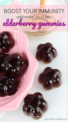 elderberry gummies in a pink bowl with text overlay that reads, boost your community and make your own elderberry gumies