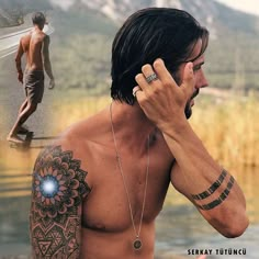 a man talking on a cell phone next to a lake and an image of a shirtless man holding his hand up to his ear