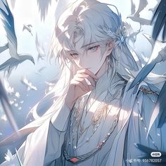 an anime character with long white hair and blue eyes, standing in front of birds