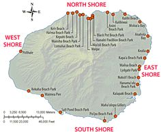 a map showing the locations of many tourist attractions in north shore, west shore and southeast shore