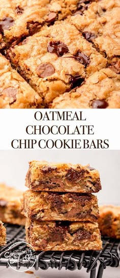 oatmeal chocolate chip cookie bars stacked on top of each other with text overlay