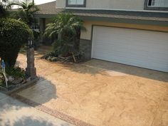 a house with a large driveway in front of it and palm trees on the other side