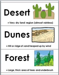 three different types of desert land and trees with the words, deserts, dunes, and forest