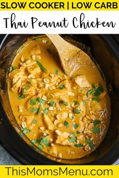 slow cooker thai peanut chicken with text overlay that reads low carb and gluen free slow cooker thai peanut chicken