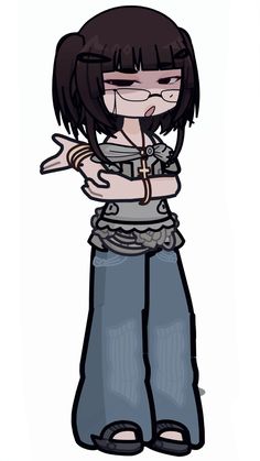 a drawing of a girl with black hair and blue jeans, holding her arms crossed