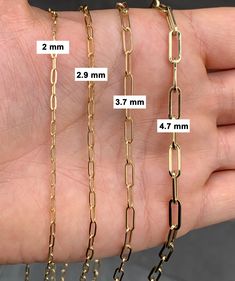 "14K Solid Gold Paperclip Chain Necklace/Open Link Necklace/Rectangle Link Staple Necklace/Mothers Day Gift/Minimalist Choker / Thin or Thick Paper Clip Chain Necklace / Gift For Her / Dainty Necklaces for Women / Men Necklace / Gift For Him  * Gold KT: 14K Solid Gold * Gold Color Options: 14K Gold,14K Rose Gold,14K White Gold * Chain Lengths: 14\" (Choker) , 15\" (Choker), 16'', 18\", 20\", 22\", 24\" * Links are semi-hollow and durably made of genuine gold * Available in 2mm, 2.9mm, 3.7mm, and 4.7mm width options. Follow on Instagram - @bayargold.tr My Web Site - https://www.bayargold.com/ * Bayar Gold is a fine jewelry company. Please do not hesitate to ask us questions. We are always here to help you. * All items are packed in the high-quality jewelry box. The gift message is available Paper Clip Jewelry, Paperclip Necklaces, Necklace Chain Design, Gold Paper Clip Necklace, Men Chain Necklace, Staple Necklace, Gold Chain Men, Paper Clip Chain Necklace