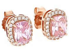 Bella Luce® pink and white diamond simulants 5.64ctw rectangle cushion and round, Eterno™ 18k rose gold over sterling silver earrings. Measure approximately 0.44" L x 0.38" W and have push backings. The diamond equivalent weight is 3.41ctw. Rectangular Rose Gold Jewelry With Prong Setting, Elegant Rectangular Rose Gold Earrings, Rectangular Halo Fine Jewelry, Elegant Rose Gold Rectangular Earrings, Formal Pink Gold Jewelry With Prong Setting, Classic Pink Gold Jewelry With Prong Setting, Rose Gold Cushion Cut Jewelry With Diamond Accents, Cushion Cut Rose Gold Jewelry With Diamond Accents, Elegant Pink Jewelry With Pave Setting