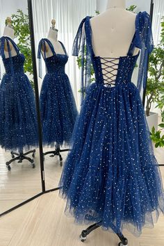 Mid Night Blue Prom Dress, Midi Formal Dress, Celestial Style, Sheer Corset, Corset Bodice, Tulle Gown, Prom Party, Tea Length, Pitcairn Islands