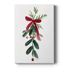 a watercolor painting of a red bow and green leaves on a white background with berries