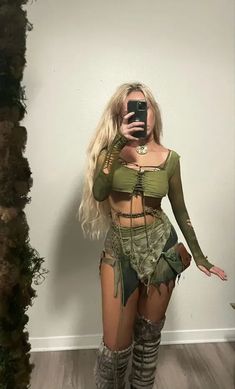 Lost Lands Rave Outfits, Rave Fit Inspiration, Cute Rave Outfits Casual, Boho Y2k Fashion, Fairy Costume Long Sleeve, Green Fairy Aesthetic Clothes, Green Rave Outfit Ideas, Subversive Festival Outfit, Neutral Rave Outfit