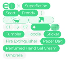 an image of a green text bubble with words above it that read,'superfiction scotty friday tumbler hoodie fire extingushher paper bag perfume unbrella'and hand gel cream umbrella