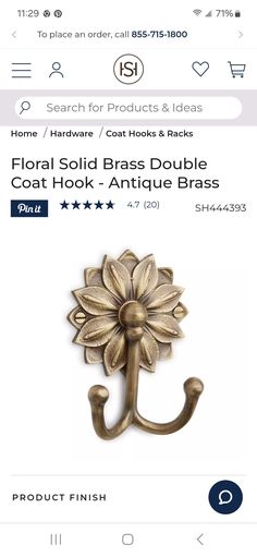 House Things, Coat Hooks, Home Hardware, Antique Brass, Solid Brass, Floral