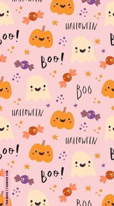 a pink background with lots of halloween related items on it, including pumpkins and ghost faces