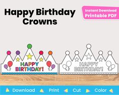 a birthday crown with the words happy birthday crowns on it, surrounded by balloons and stars