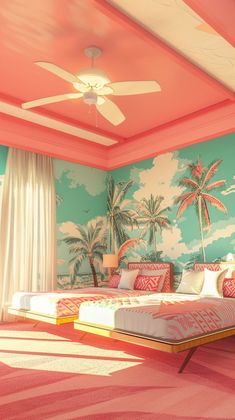 a bedroom with palm trees painted on the walls and ceiling, along with pink carpeting