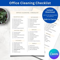 the office cleaning checklist is on top of a table next to a potted plant