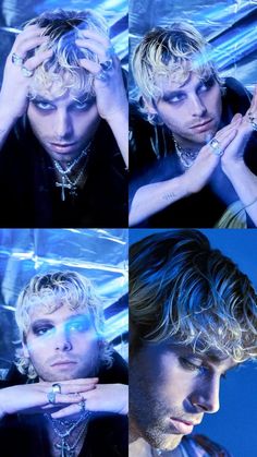 four different shots of a man with blonde hair and piercings on his ears, wearing jewelry