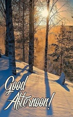 the words good afternoon are written in white on a snowy landscape with trees and snow covered ground