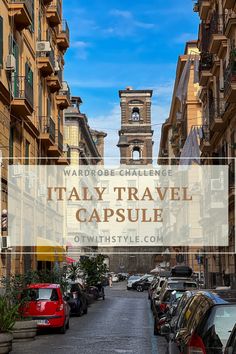 a narrow street with cars parked on both sides and the words, italy travel capsule