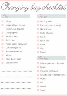 a pink and white checklist with the words change bag checklist