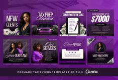 "This template set includes 8 Ready Made Flyers/Templates to promote your Tax Business.  These templates are designed for small business owners and fem-prenuers who need a quick, easy to use professional DIY solution! Fully Editable Content Set is made exclusively in Canva and can be downloaded for free. These templates were made with Canva Pro tools and images. If you have the Free version of Canva, switching out the tools or images may be needed if you don't have access to the PRO images. URGENT ---- THIS IS NOT A PHYSICAL ITEM OR PRODUCT but a Digital template for download. Instant Digital Download 1 PDF Template You will receive : 1x PDF file with link to flyer Canva template Templates can be used for Content Creation, Tax Advertising, Tax Branding, Tax Business Promotion, Social Media Tax Preparer Business Flyers, Tax Business, Tax Preparer, Christmas Marketing, Tax Prep, Powerpoint Presentation Design, Pro Tools