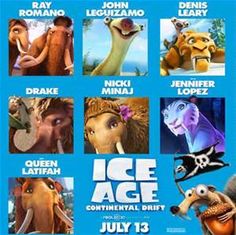 the ice age continental drift movie poster is shown in blue and features characters from all over the world