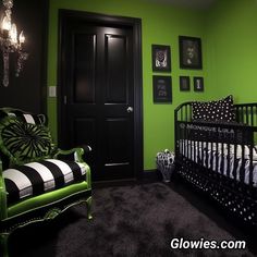 a green room with black and white decor