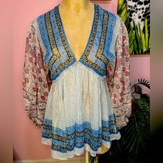 Free People Peasant Blouse Boho Chic Blue Combo V-Neck Dramatic Sleeves Sheer Bnwt Brand New Coachella Festival Firefly Hippie Chic 70s Influenced Bohemian V-neck Blouse With Boho Print, Bohemian V-neck Peasant Top With Floral Print, Spring V-neck Peasant Top With Blouson Sleeves, Bohemian Blue V-neck Tops, Bohemian V-neck Peasant Top With Boho Print, Bohemian V-neck Top With Boho Print, Multicolor V-neck Blouson Sleeve Tops, Multicolor V-neck Tops With Blouson Sleeves, Bohemian V-neck Printed Blouse