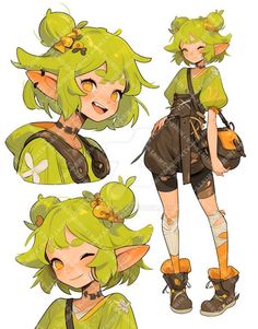 an anime character with green hair and brown boots, holding a handbag in her right hand