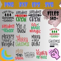 christmas svg bundle with different font styles and holiday decorations on it, including pine trees