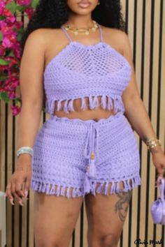 Olivia Mark - Chic Sleeveless Two-Piece Set with Tassel Detailing, Hollowed Out Design, and See-through Back Crocheted Dresses, Yarn Creations, Crochet Tunic, Chic Casual, Halter Neckline, Zipper Detail, Back Design, Crochet Fashion, Two Piece Sets