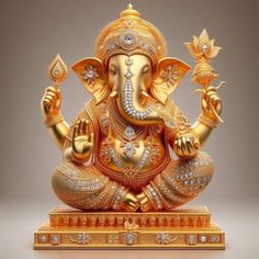 an elephant statue sitting on top of a wooden platform with gold decorations around its body