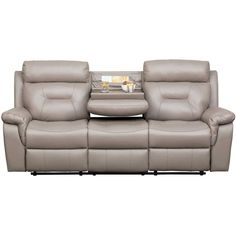 the reclining sofa has two seats and a coffee table on it's side