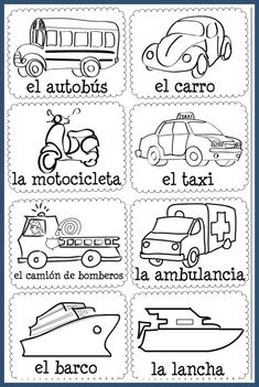 spanish stamps with different types of vehicles and words in the middle one is black and white