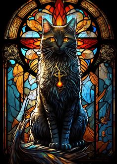 a black cat sitting in front of a stained glass window with a cross on it