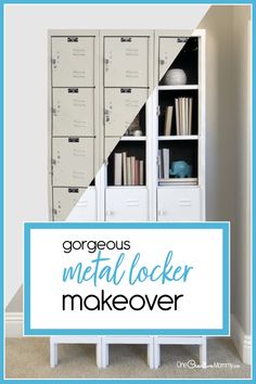 a metal locker is next to a white bookcase with blue lettering that says gorgeous metal locker makeover