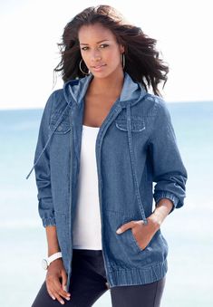 Lightweight and with a breezy look and feel, this classic hoodie has a relaxed fit and straight hem that makes it easy to throw on and go for any occasion. Denim Jacket With Hoodie, Long Denim Jacket, Hooded Denim Jacket, Suede Fringe Jacket, Fashion Hoodies, Plus Size Coats, Women's Robe, Lace Jacket, Denim Jacket Women