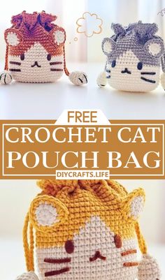 crochet cat pouch free pattern with instructions to make it in the shape of a kitten