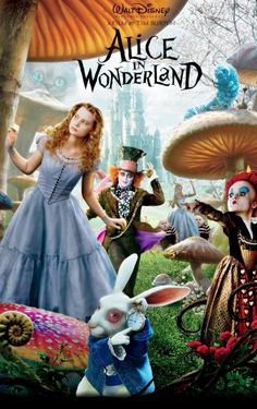 the movie poster for alice and the wonderland with characters in costume, including an adult rabbit