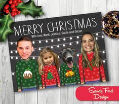 a christmas card with three people wearing ugly sweaters and a dog on the front