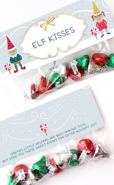 an elf kisses candy bar wrapper is shown in two different colors and sizes, with the