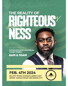 a poster for the realty of righteous nesss with a man in vest and tie