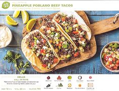 the menu for pineapple poblano beef tacos is displayed on a cutting board