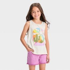 Nwt - Cat & Jack - Girls Graphic Tank Top Playful Sleeveless T-shirt For Summer, Playful Sleeveless Summer T-shirt, Cute Multicolor Cotton Tank Top, Playful Cotton Tank Top, Casual Sleeveless T-shirt For Playwear, Playful Multicolor Cotton Tank Top, Relaxed Fit Tops For Summer Playwear, Summer Tops For Playwear With Relaxed Fit, Relaxed Summer Tops For Playwear