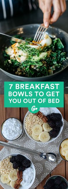 breakfast bowls to get you out of bed and on the table with bananas, oatmeal, yogurt and eggs